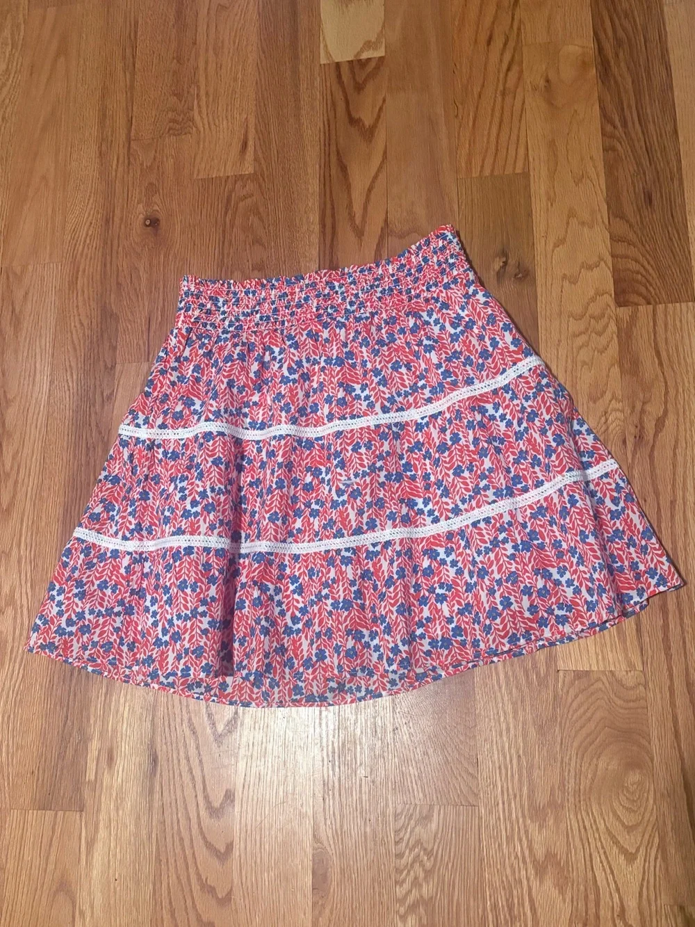 J. CREW Smocked Tiered Mini Bohemian Red Sail Blue Skirt